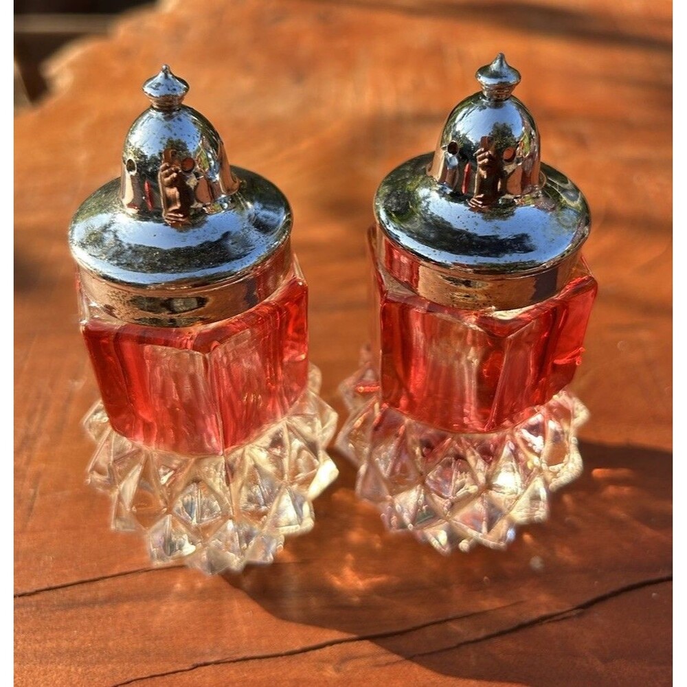 Indiana Glass Ruby Red Diamond Point Salt and Pepper Shakers Vintage